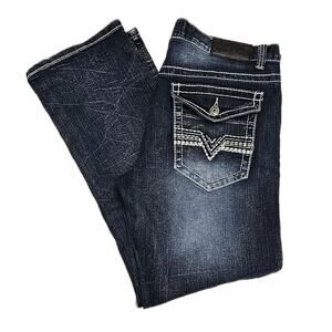 True Luck Mens Straight Jeans 32x30 (35x29) Embroidered Flap Pocket Distressed